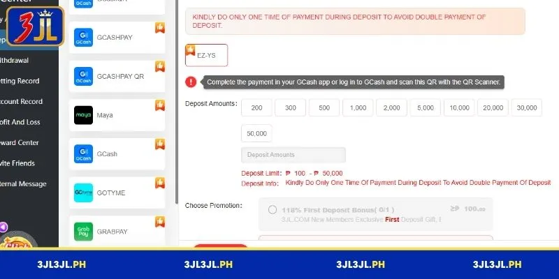 Available 3JL deposit methods and limits